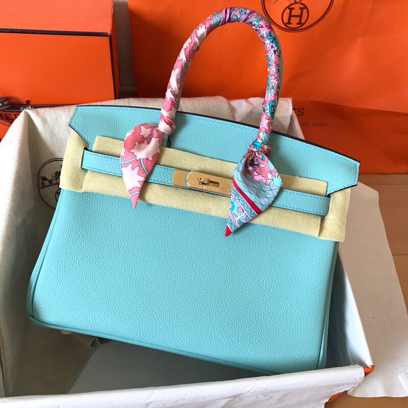 Hermes Birkin 30CM Togo Leather Handbag Blue Atoll